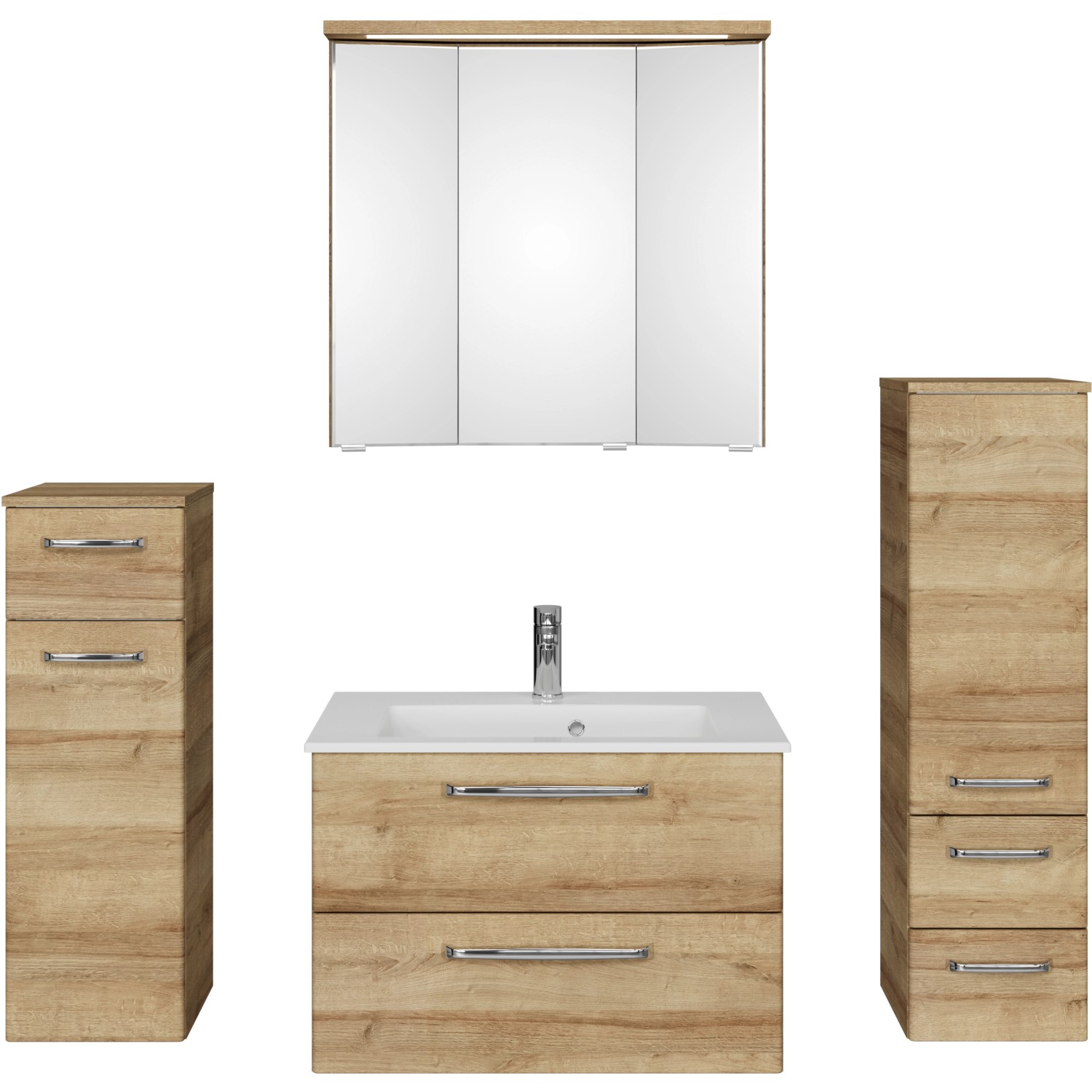Pelipal Badmöbelset Trentino, 137 cm, Riviera Eiche: Waschtisch, Unterschrank, Spiegelschrank, Midischrank, Unterschrank.