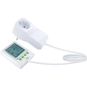 Schwaiger Energiekostenmessgerät mit Display und Zwischenstecker für Stromverbrauchsmessung.