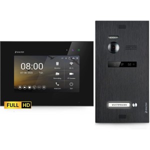 Balter EVO Video-Türsprechanlage mit 7-Zoll-Monitor, Full HD Kamera und Türstation in Schwarz.