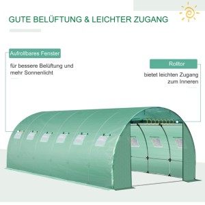 Grüne Furnicato Abdeckfolie für Tunnel-Gewächshaus, 600x300x200 cm, mit aufrollbarer Tür und Fenstern.