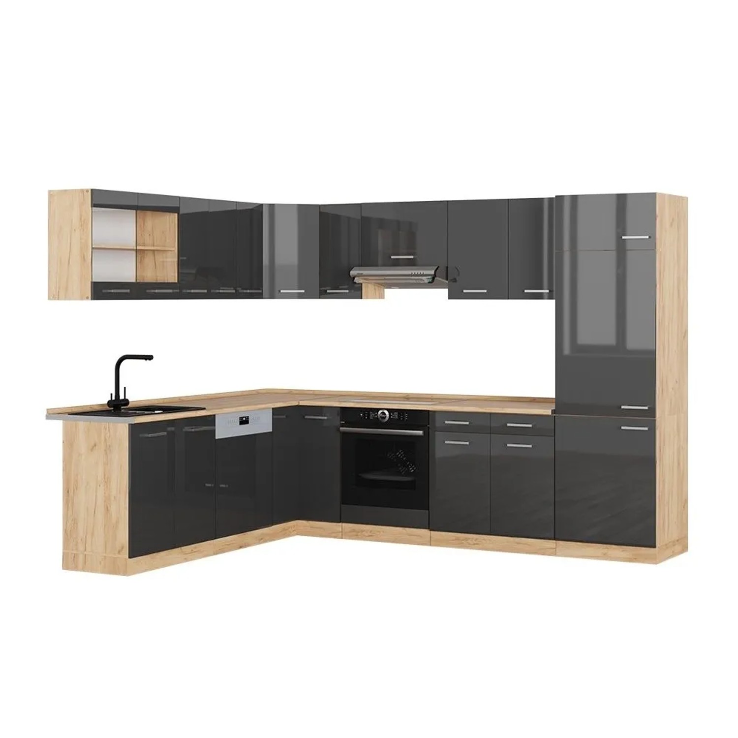 Vicco Eckküche R-Line Anthrazit Hochglanz/Goldkraft Eiche 287 x 82 ohne Arbeitsplatte