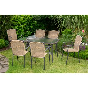 7-teiliges Gartenmöbel-Set Roma in Natur mit Glasplatte und Polyrattan-Sesseln.