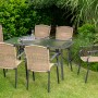 7-teiliges Gartenmöbel-Set Roma in Natur mit Glasplatte und Polyrattan-Sesseln.
