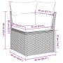 Detailaufnahme Gartenmöbel: Schwarzes Ecksofa aus Rattan mit weißen Kissen, Maße eingezeichnet.