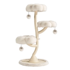 Beiger Fudajo Designer Kratzbaum mit 3 weichen Plüschmulden, Sisalstämmen und Spielbällen für Katzen.