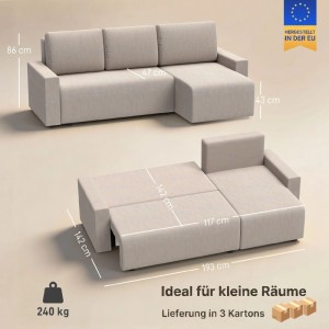 Beiges HOMCOM Schlafsofa mit Chaiselongue, als Sofa und Bett dargestellt. Maße und Stauraum sichtbar.