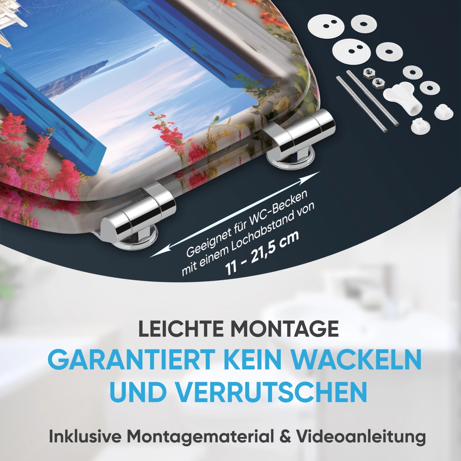 SANILO WC-Sitz Greece mit Absenkautomatik, Holz, Motiv Griechenland, inkl. Montagematerial.