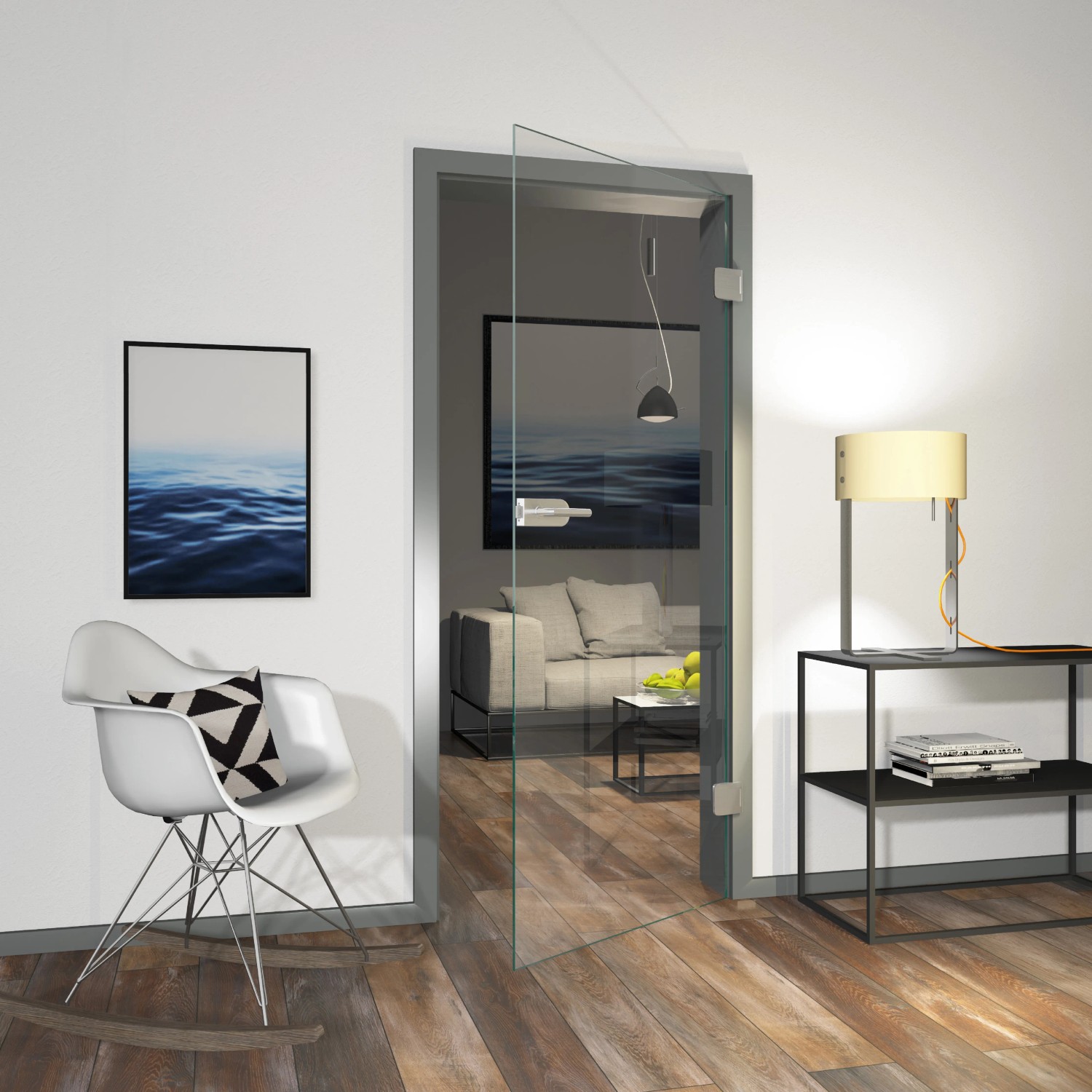 ESG Glasdrehtür Floatglas, 1972x834 mm, in modernem Wohnraum mit Stuhl und Tisch