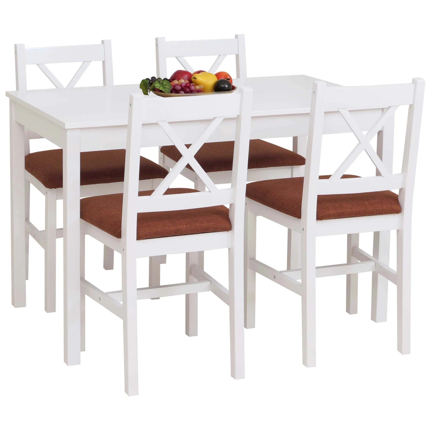 Weißes Esszimmer-Set Landhausstil: Massivholz-Tisch 110cm und 4 Stühle mit Terrakotta-Polsterung.