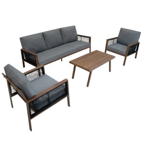 Jardi 4-teilige Sofagarnitur aus Aluminium in Holzoptik mit Sofa, Sesseln und Tisch.