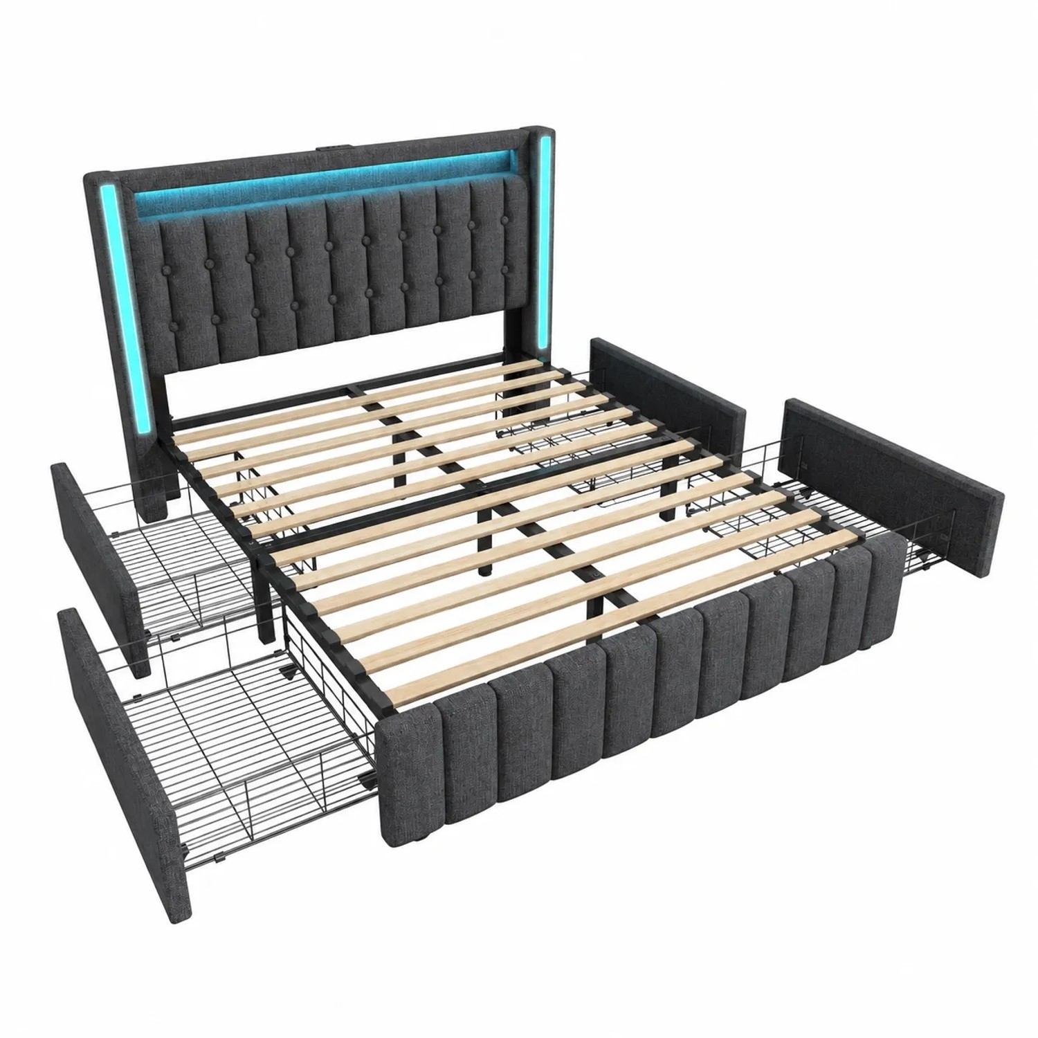 okwish Jugendbett 160x200cm mit USB LED Schubladen Bettgestell Grau mit Matratze