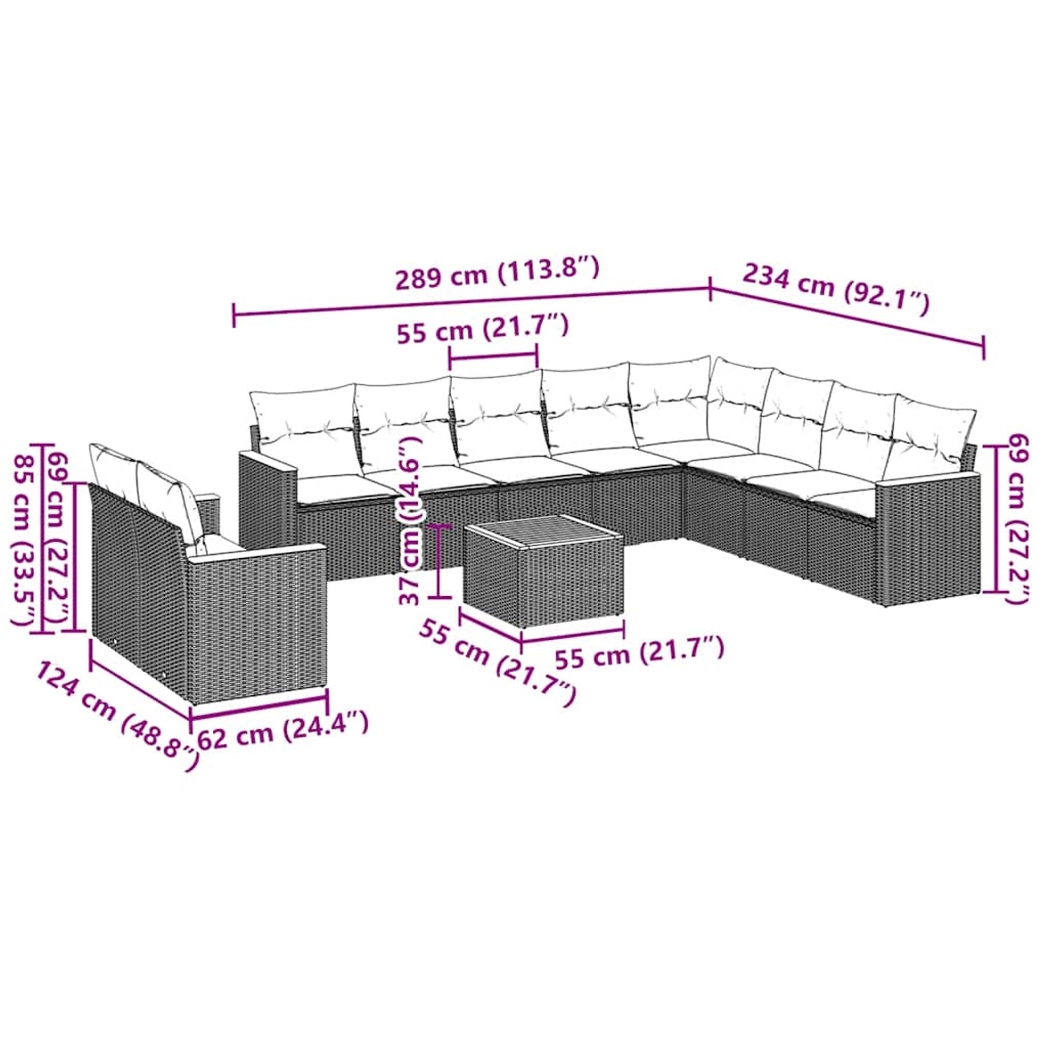 vidaXL Garten-Sofagarnitur, 11-teilig, schwarz, Poly Rattan, mit Kissen. Maße siehe Skizze.