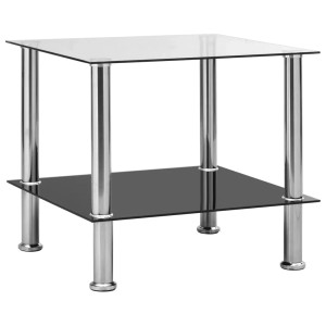Transparenter vidaXL Beistelltisch aus Glas mit Edelstahlbeinen und Ablagefläche. Quadratisch, 45x50x45 cm.