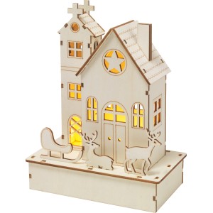 Holz-Szene mit Schlitten und 3 warmweißen LEDs, eine weihnachtliche Dekoration für den Innenbereich.