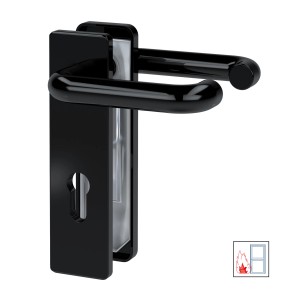 Basi Feuerschutz-Drückerbeschlag, Kurzschild, eckig, Kunststoff schwarz für Feuerschutztüren.