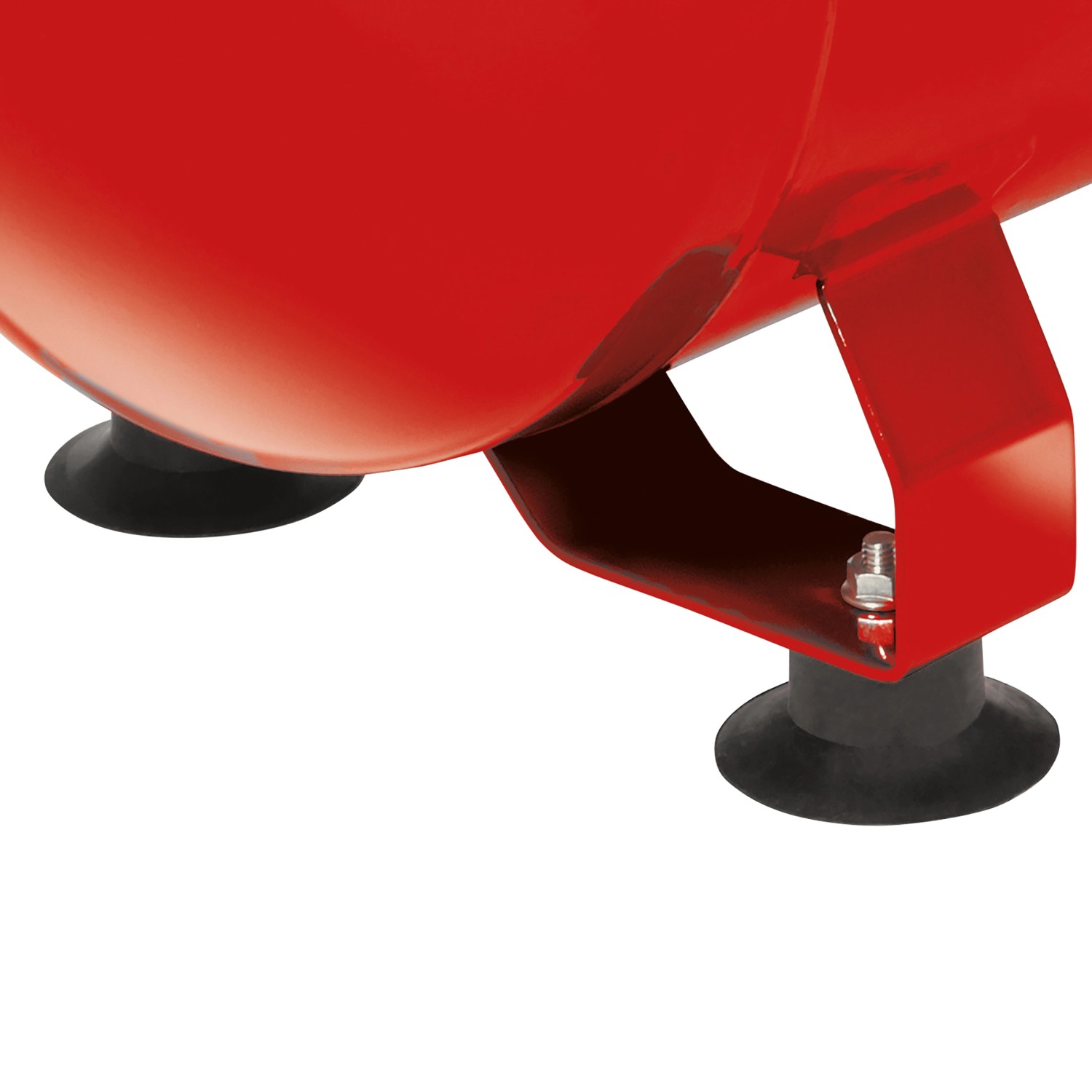 Detailaufnahme: Roter Einhell Kompressor TC-AC 420/50/10 V mit vibrationsdämpfenden Füßen.