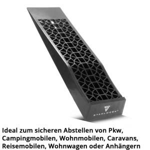 Schwarzer STAHLWERK Stufenkeil GT-13 ST aus HDPE-Kunststoff mit rutschfester Oberfläche zum Nivellieren von Campingfahrzeugen.