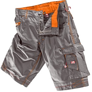 Bullstar Arbeitsshort Ultra, grau-orange, Gr. 48. Arbeitskleidung mit vielen Taschen und Reflexelementen.