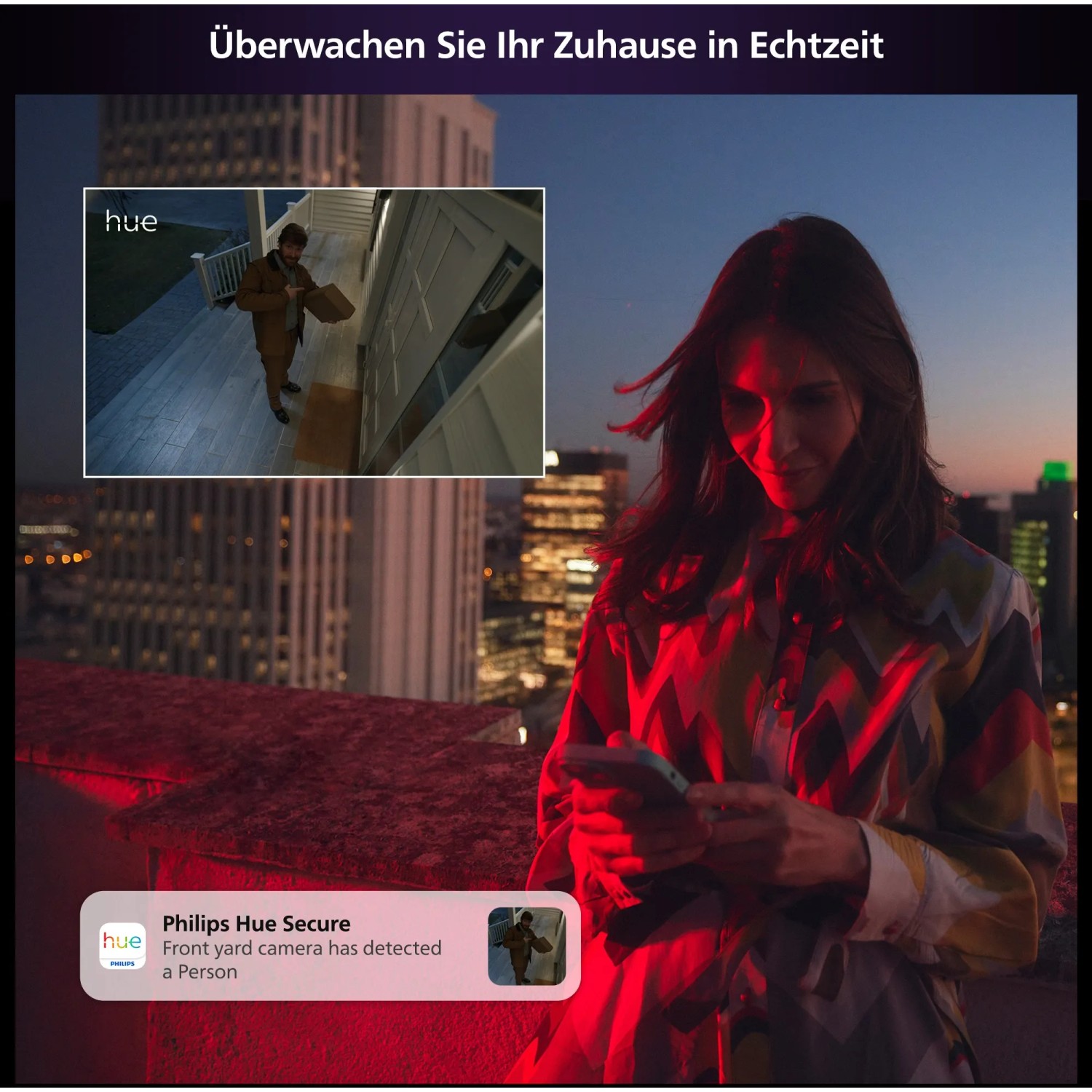 Frau nutzt Philips Hue Secure Kamera App. Kabellose Überwachungskamera mit Bewegungserkennung.