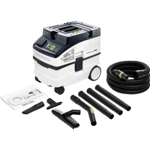 Festool CT 15 Nass-Trockensauger Set. Weiß-schwarzes Absauggerät mit Schlauch, Rohren und Düsen für Werkstatt.