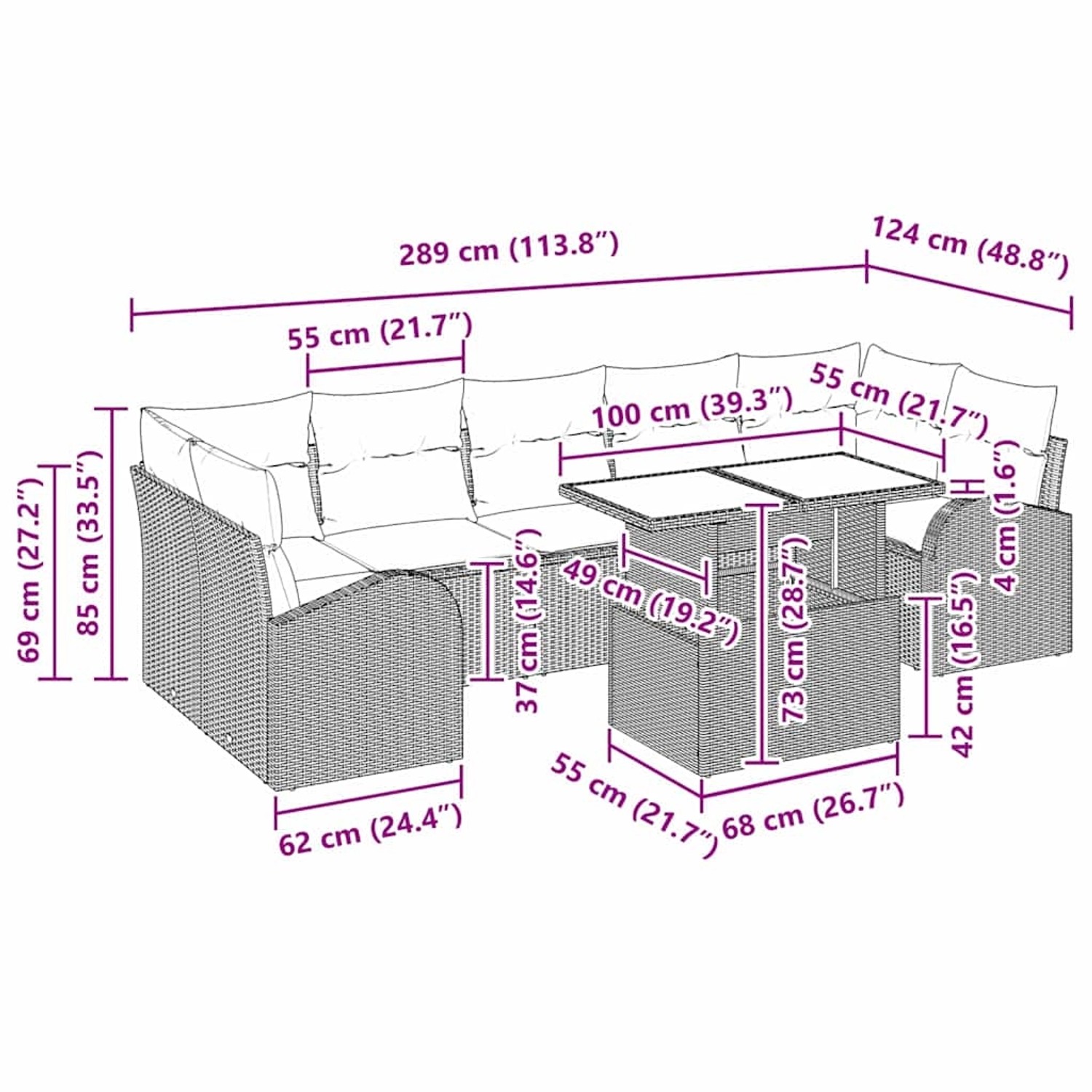 vidaXL 8-teiliges Garten-Sofa-Set hellgrau Poly Rattan mit Maßen für Planung.