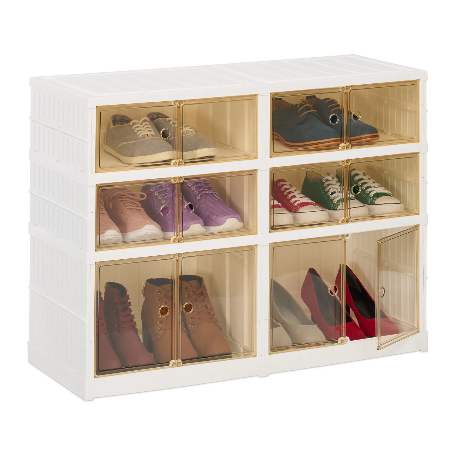 Relaxdays Schuhschrank Kunststoff Weiß Braun Faltbar mit Rollen 66,5 cm x 86,5 cm x 34,5 cm 6 kg