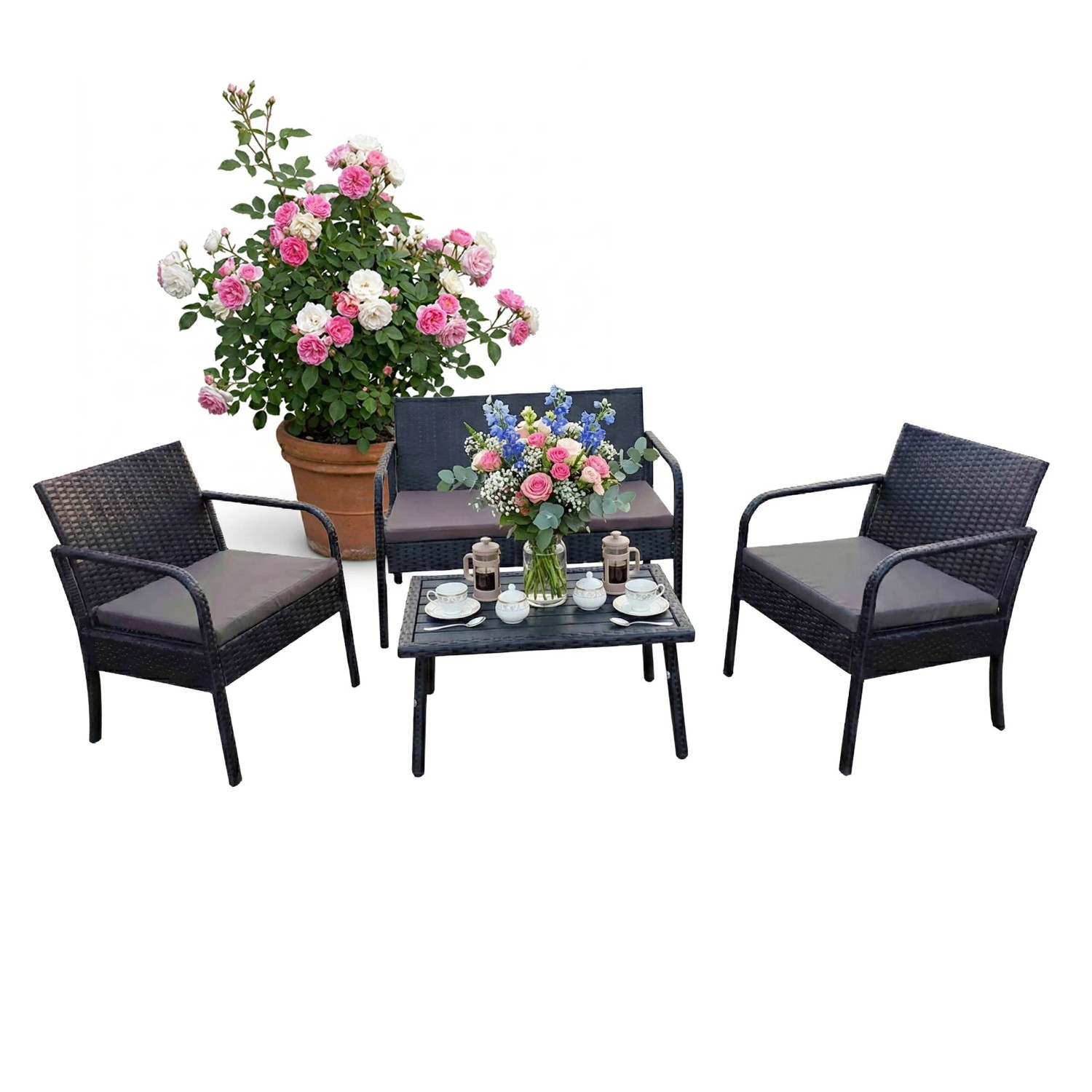 Relaxdays Gartenmöbel Set Polyrattan Schwarz 4 Personen 78 cm x 106 cm x 56 cm