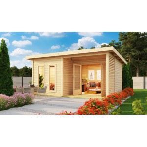 Karibu Saunahaus Magnus 5 Set A aus naturbelassener Fichte mit Ofen und externer Steuerung.