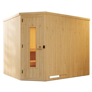 Weka Element-Ecksauna Varberg mit Holztür und 9 kW Ofen im Sparset.
