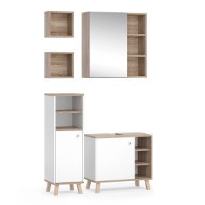 Vicco Badmöbel-Set Senyo, 4-teilig, Weiß/Sonoma: Spiegelschrank, Unterschrank, Midischrank und Regal.