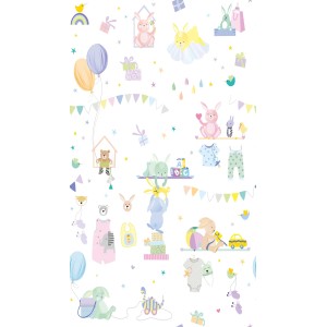 PROFHOME Kindertapete mit Hasen, Spielzeug und Ballons in Lila, Rosa, Gelb und Blau.