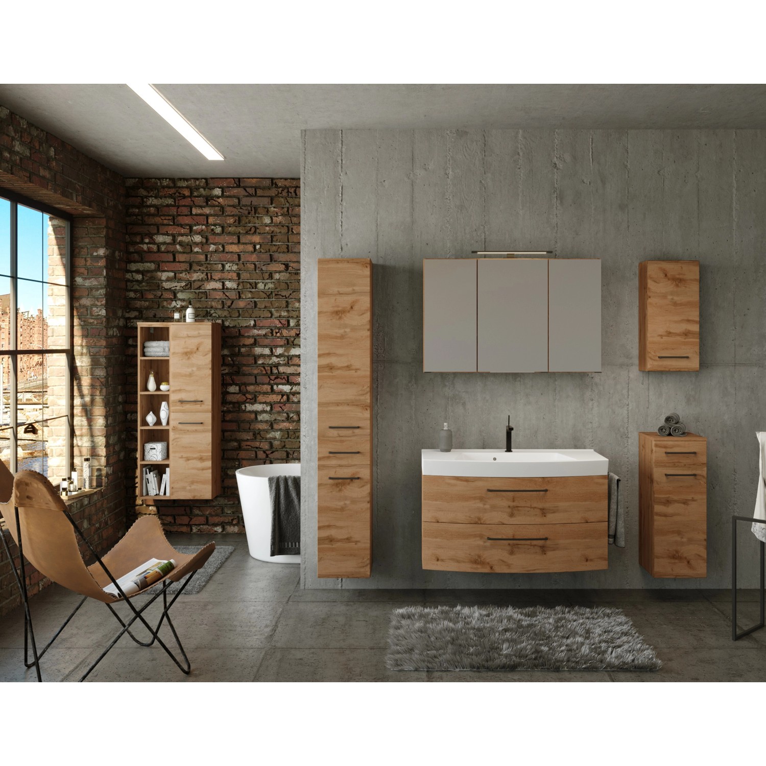 Held Möbel 3D-Spiegelschrank Florenz 100 cm in Wotaneiche im modernen Badezimmer.