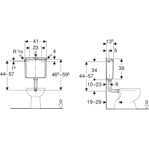 Technische Zeichnung Geberit Aufputz-Spülkasten AP 110, Maße und Details für Installation.