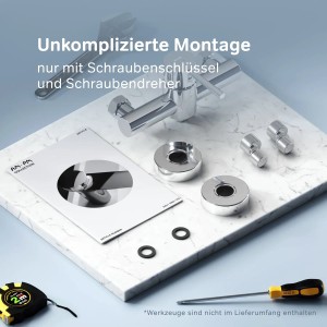 AM.PM Spike Duscharmatur Chrom mit Montagezubehör und Anleitung auf Marmorplatte.