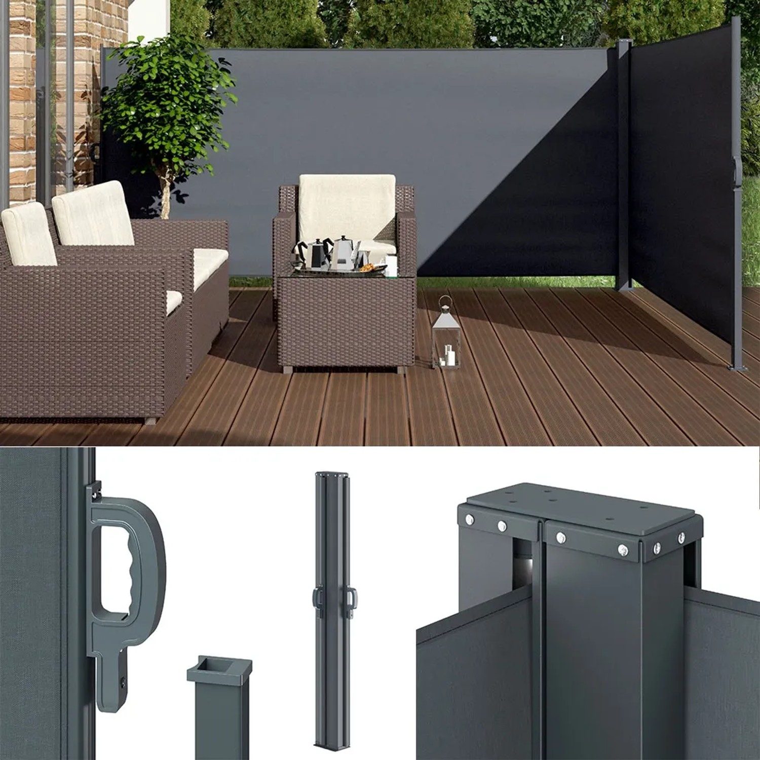 OK-Living Seitenmarkise in Anthrazit, 300x160 cm, für Terrasse und Garten.