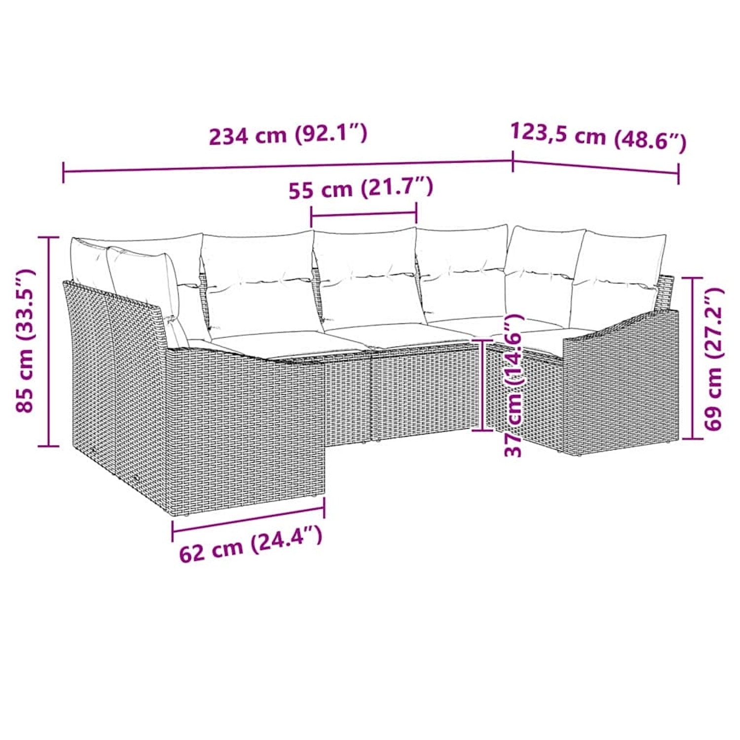 Schwarzes 6-teiliges Garten-Sofa-Set aus Poly Rattan von vidaXL. Modulares Lounge Set mit Kissen für Terrasse und Garten.