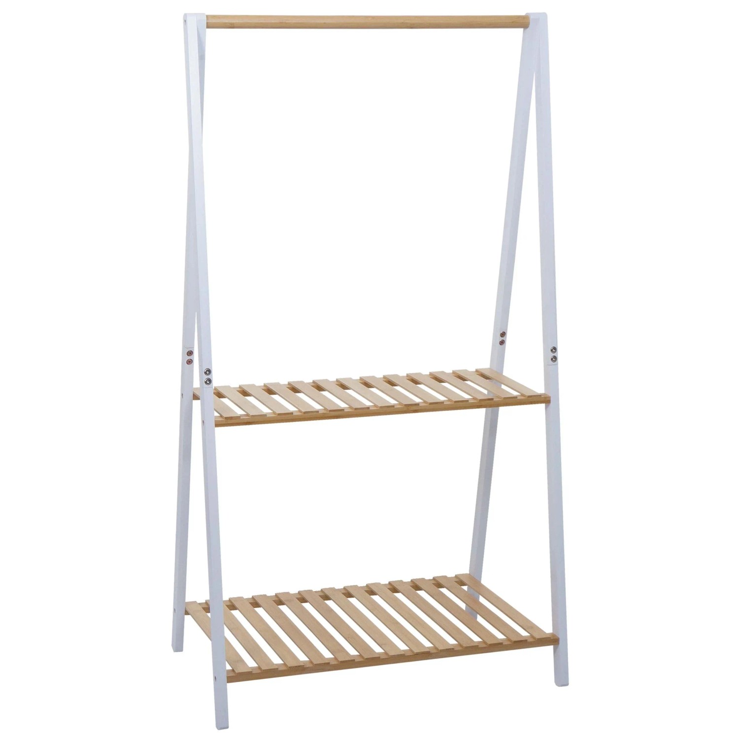 MCW Bambus Standgarderobe Q32 Stange 2 Ablagen 130x70x44cm Natur-Weiß