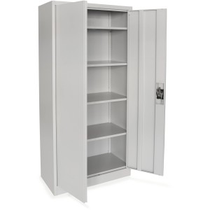 Offener, hellgrauer Rikta Metallschrank mit 4 Einlegeböden, 80x40x168 cm.