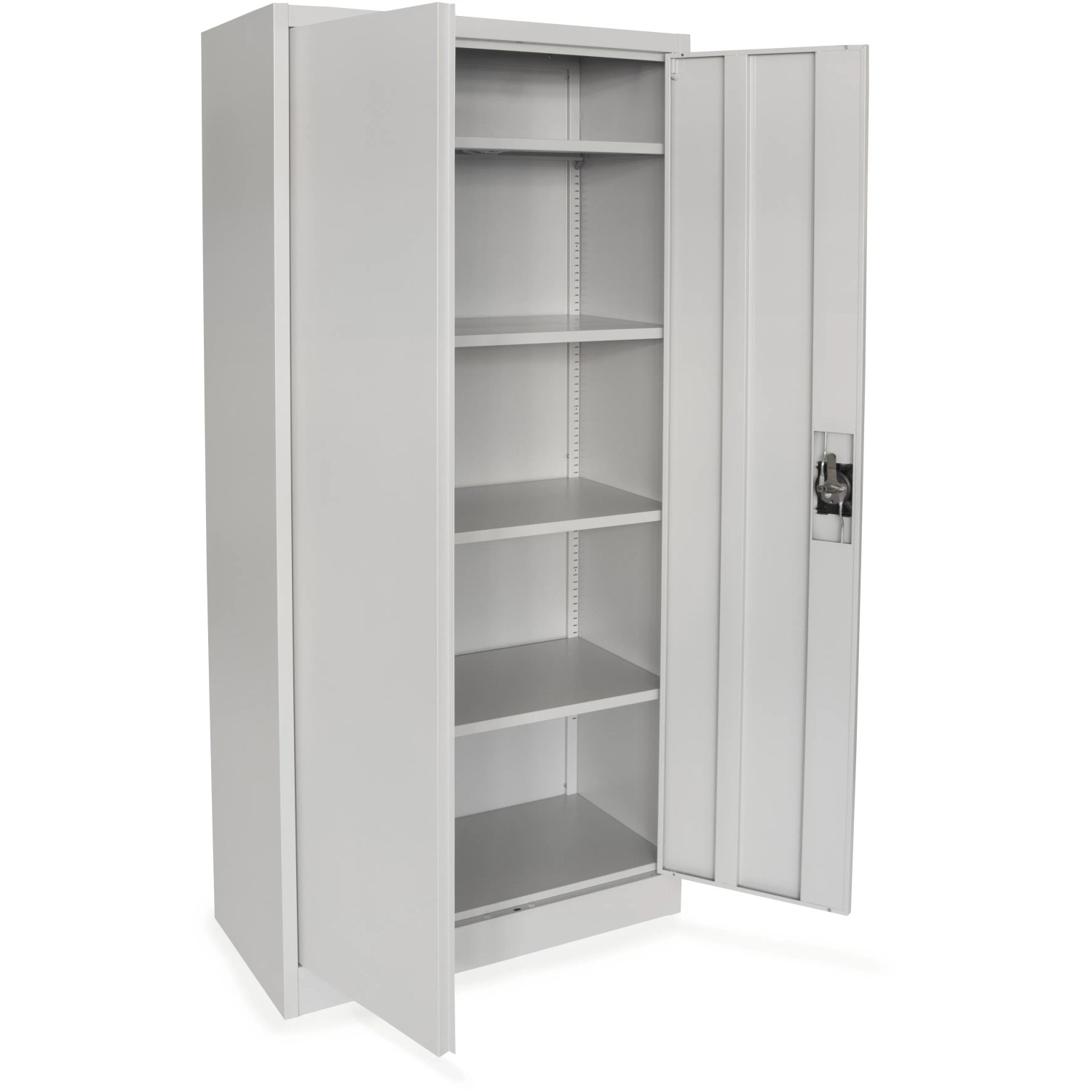Offener, hellgrauer Rikta Metallschrank mit 4 Einlegeböden, 80x40x168 cm.