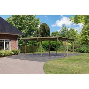 Karibu Doppelcarport Eco aus Holz mit PVC Dachplatten im Garten.