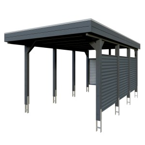 Anthrazitfarbener Skan Holz Carport Friesland Hybrid mit Seiten- und Rückwänden aus Aluminium.