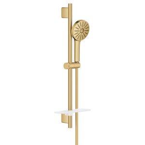 Goldenes Grohe Brausestangenset mit Handbrause, verstellbarer Halterung und Ablage.