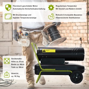 Mobile Diesel Heizkanone 30kW von TroniTechnik mit Rädern und Tragegriff.