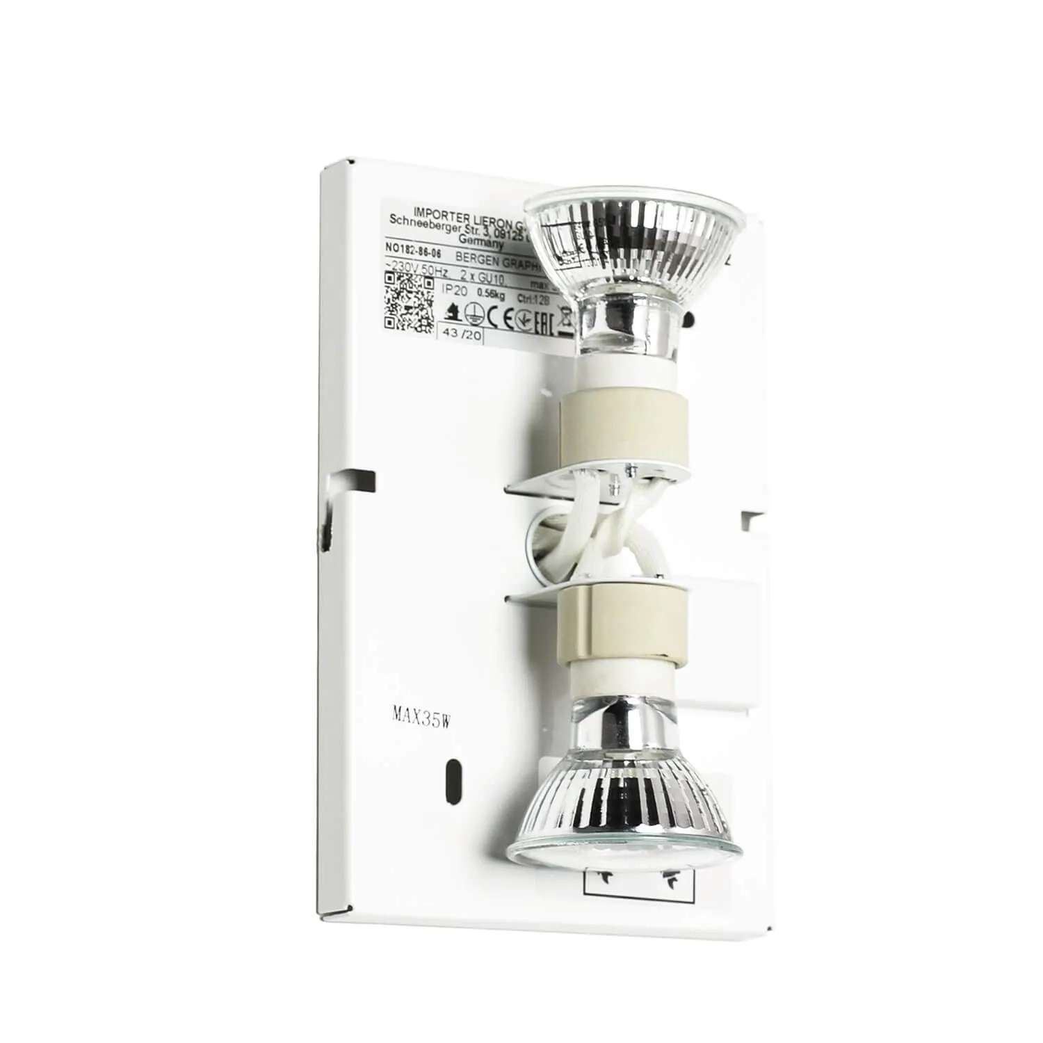 EASYLIGHT Wandlampe, interne Ansicht. Weiße Metallhalterung mit zwei GU10 Fassungen und eingesetzten Halogenlampen.
