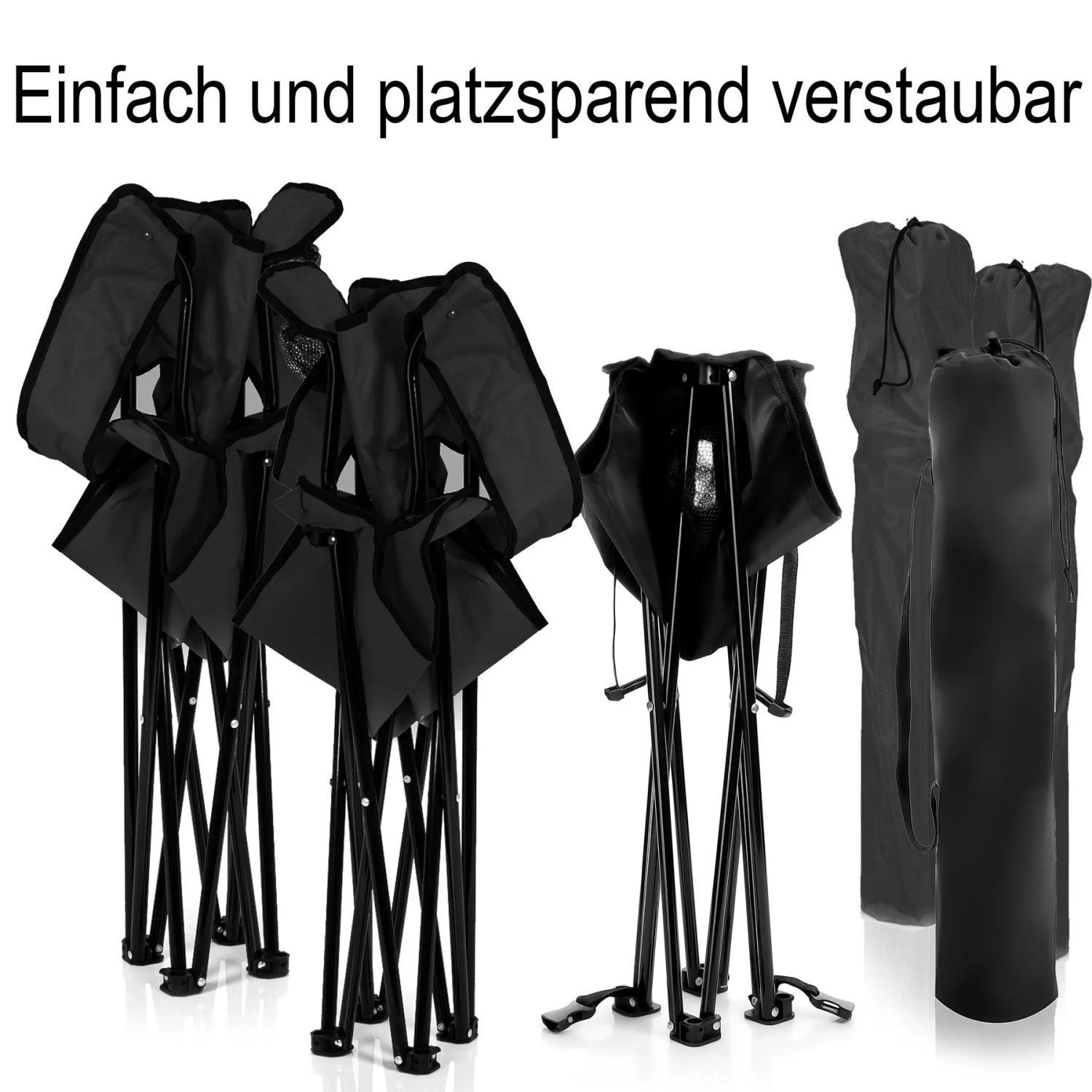 BigDean Campingstühle und Campingtisch Set, faltbar in Schwarz mit Tragetaschen.