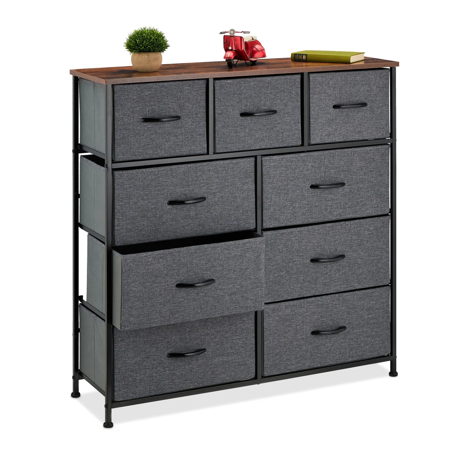 Relaxdays Kommode mit 9 Schubladen Polyester Stahl MDF Dunkelgrau Dunkelbraun Schwarz Höhenverstellbar 100 cm x 100 cm x 30 cm 14,8 kg