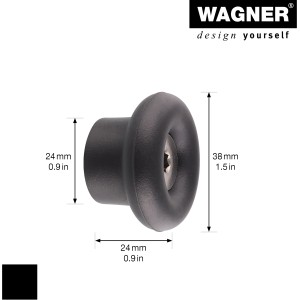 Schwarzer Wagner Wandhaken Dot WH 0200 aus Elastomer und Stahl, Maße eingezeichnet.