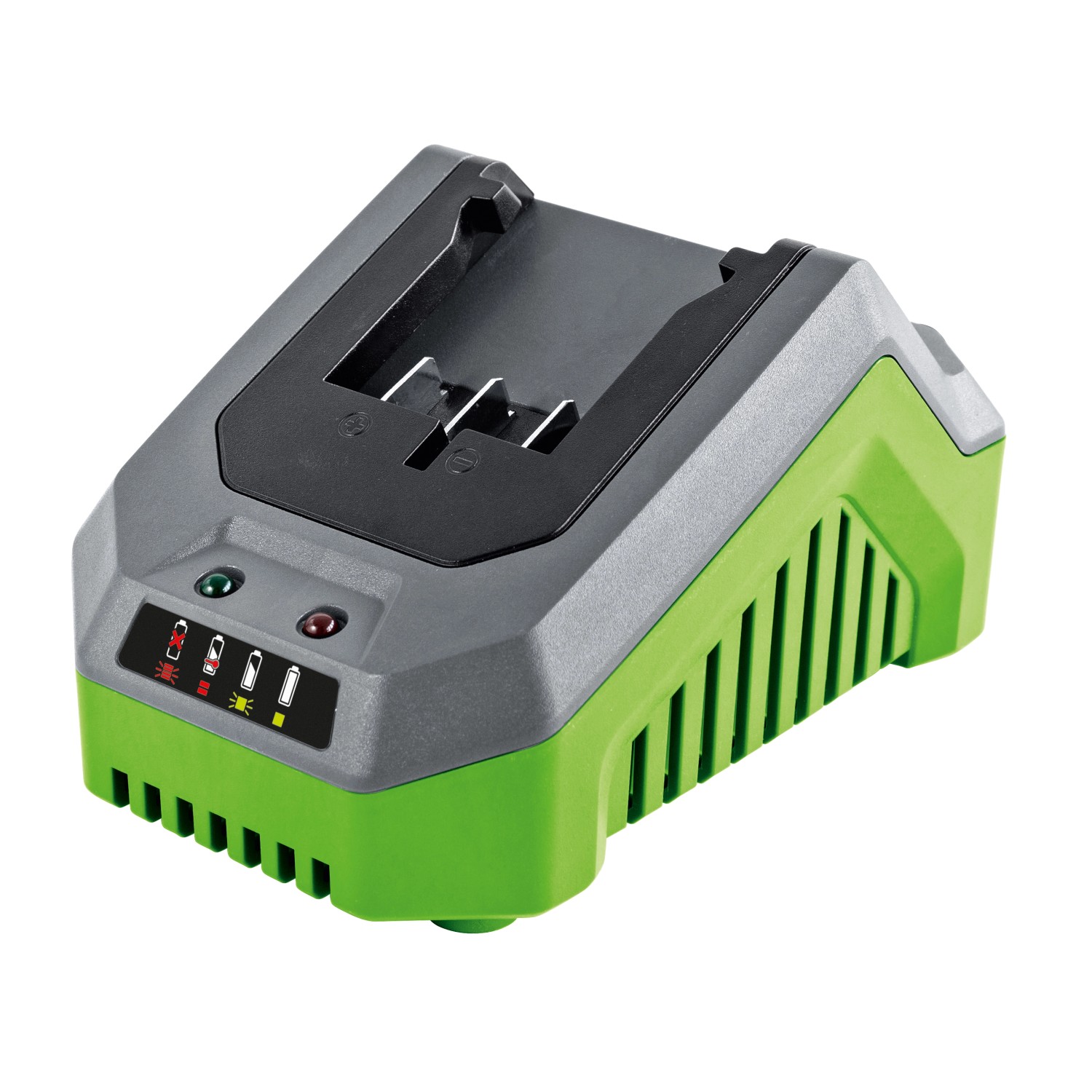 Ladegerät für LUX 20 V Akku-Bohrschrauber PowerSystem, grau/grün, mit Ladezustandsanzeige.
