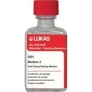 Lukas Medium 3, 50 ml Malmittel für Ölmalerei in Glasflasche mit rotem Deckel.