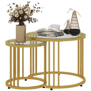 HOMCOM Couchtisch 2er-Set, stapelbar, Gold, mit Glasplatte. Wohnzimmertische im Art-Deco-Design.